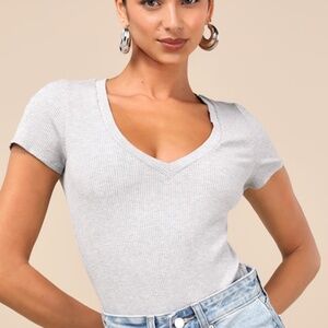 Lulus Versatile Pick Heather Grey Ribbed Knit Short Sleeve Bodysuit - Size S